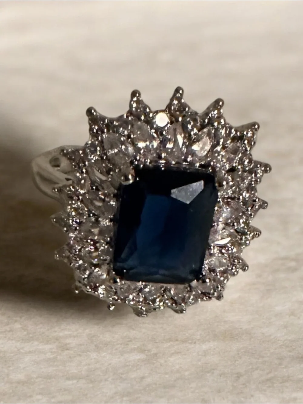 Classic Silvertone Blue Stone Halo Cocktail Ring - Women Jewelry